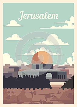 Retro poster Jerusalem city skyline vintage, vector illustration