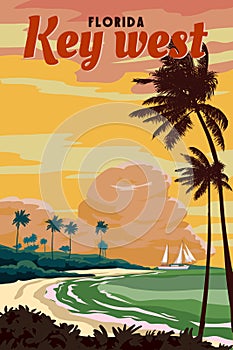 Retro Poster Key West Florida Beach. Palm on the beach, sailboat, coast, surf, ocean