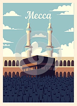 Retro poster Mecca city skyline. Mecca vintage