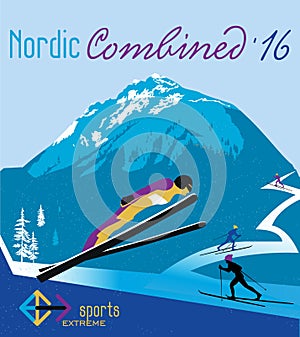 Retro poster Nordic combined in the mountains.