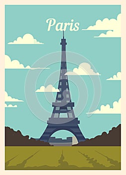 Retro poster Paris city skyline. Paris vintage