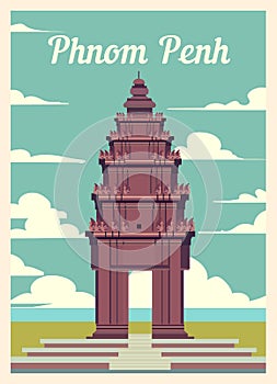 Retro poster Phnom Penh city skyline. vintage, vector illustration