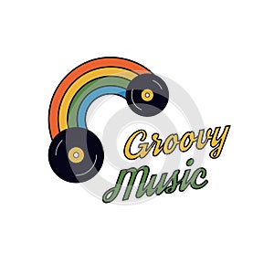 Retro poster print with vintage hippie colors on music theme. Groovy color banner with rainbow and records. Cute print
