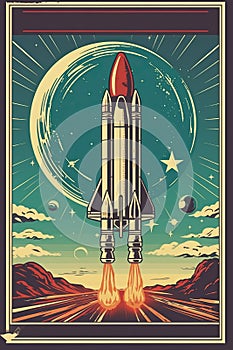 retro poster of rocket launch