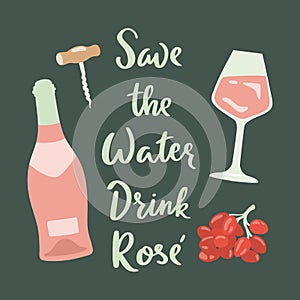 Retro poster with Rose Wine, glass of wine, grape and lettering.