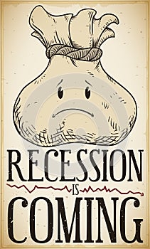 Retro Poster with Sad Money Bag Forecasting Economic Recession, Vector Illustration