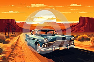 Retro poster showing a trip in an old classic car. Travel and freedom concept. Ai generative