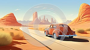 Retro poster showing a trip in an old classic car. Travel and freedom concept. Ai generative