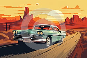 Retro poster showing a trip in an old classic car. Travel and freedom concept. Ai generative