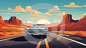 Retro poster showing a trip in an old classic car. Travel and freedom concept. Ai generative