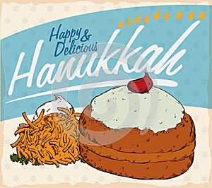 Retro Poster with Traditional Hanukkah Food with Sufganiyah and Latke, Vector Illustration