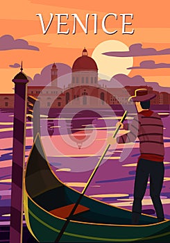 Retro Poster Venice Italia. Sunset Grand Canal, gondolier, architecture, vintage style card. Vector illustration