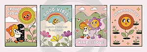 Retro posters. Psychedelic flowers. Sky clouds and rainbow. Summer nature. Cartoon cute characters. Blossom and amanita
