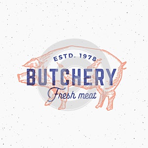 Retro Print Effect Butchery. Abstract Vector Sign, Symbol or Logo Template. Hand Drawn Pig Sillhouette with Typography