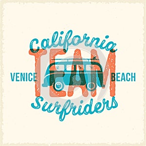 Retro Print Style Surfing Vector Label or Logo Template. Surf Van with Surfboard and Vintage Typography. Weathered Look