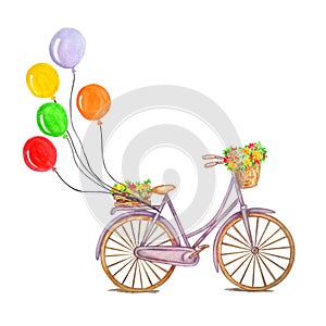 Retro purple bicycle with colorful air balloons