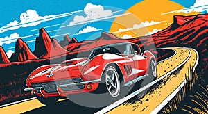 Retro race car on road and colorful background. Comic book style