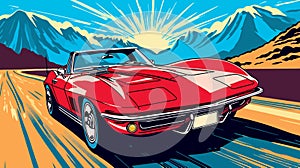 Retro race car on road and colorful background. Comic book style