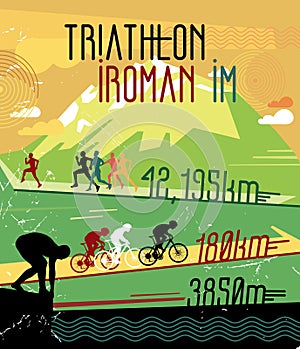 Retro race print. Retro triathlon poster. Poster sports competitions.