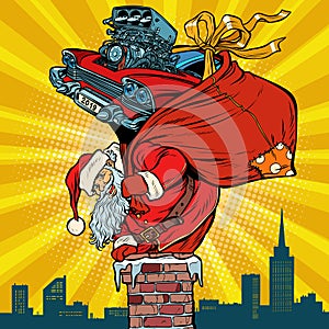 Retro racing car. Santa Claus with gifts climbs into the chimney