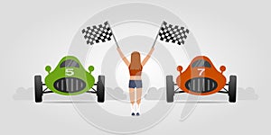 Retro racing cars and girl with race flags