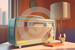 Retro radio in bright room. Generate Ai