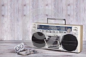 Retro radio-cassette player.Dusty old cassettes.Vintage style .