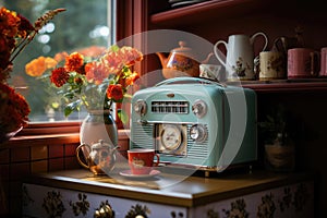 A Retro Radio In A Kitchen Setting Surrounded By Vintage Appliances And Colorful Dcor. Generative AI photo
