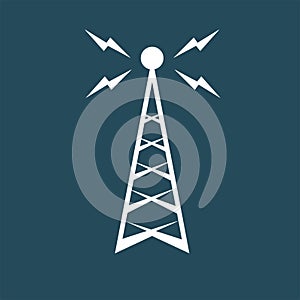 Retro Radio mast with radio waves for broadcast transmission line art vector icon for apps and websites on a blue background