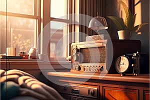 Retro radio on the table in the room. 3d rendering