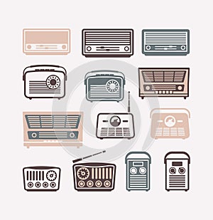 Retro radio vector icons. Set of flat illustrations