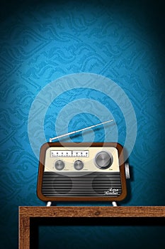 Retro radio on wood table with blue wallpaper