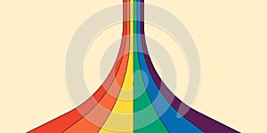 Retro rainbow color striped path horizontal banner. Geometric hippie rainbows perspective flow cover. Vintage hippy