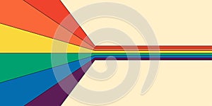 Retro rainbow color striped path horizontal banner. Geometric hippie rainbows perspective flow print. Vintage hippy