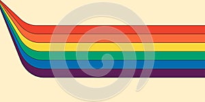 Retro rainbow color striped path horizontal banner. Geometric hippie rainbows perspective flow print. Vintage hippy