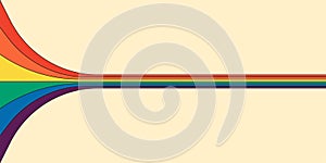 Retro rainbow color striped path horizontal banner. Graphic rainbows perspective flow cover. Vintage hippy abstract