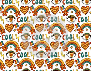 Retro rainbow eye 70s seamless pattern. Hippie repeating texture, background. Vector illustration
