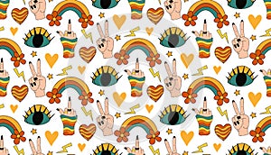 Retro rainbow eye 70s seamless pattern. Hippie repeating texture, background. Vector illustration