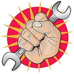 Retro Raised Punching Fist with Spanner.