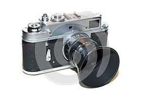 Retro rangefinder film camera with big lens hood, front angled view