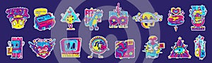 Retro rave stickers, comic patches