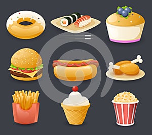 Retro Realistic Cartoon Fast Food Icons and Symbols Template Set Vector Illustration