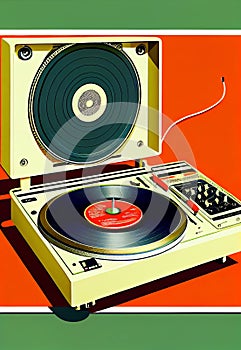 Retro record player illustration inspired in 70s