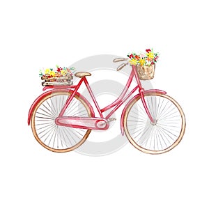 Retro red bicycle, wooden box with flowers