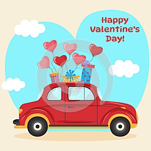 Retro red car with heart balloons and gift boxes. Blue sky and clouds.