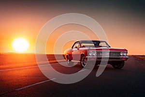 Retro red car standing on asphalt road at sunset