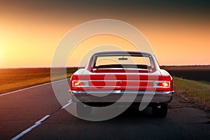 Retro red car standing on asphalt road at sunset