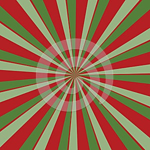 Retro red and green sunburst background in Christmas colors with radial striped pattern
