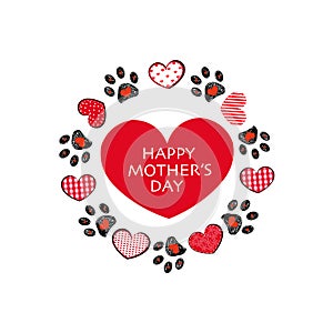 Retro red hearts and doodle paw prints.  Happy Mother`s Day greeting card vector greeting card