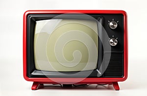 Retro red vintage portable TV isolated on white background. Old tech device represents era of analog television. Image suitable photo